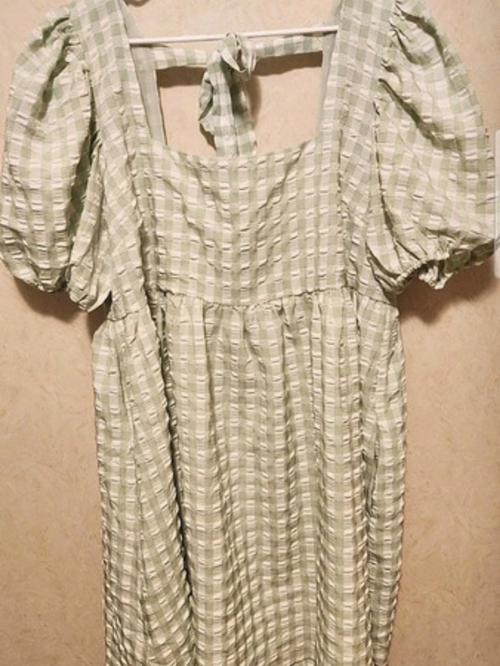 Arula Gingham Puff Sleeve Mini Dress in Green & White